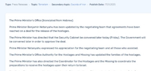 Netanyahu Confirms a Ceasefire-Hostage Deal Has Been Reached