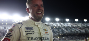 Justin Allgaier Holds Hands Up After Massive Last-Lap NASCAR Xfinity Wreck